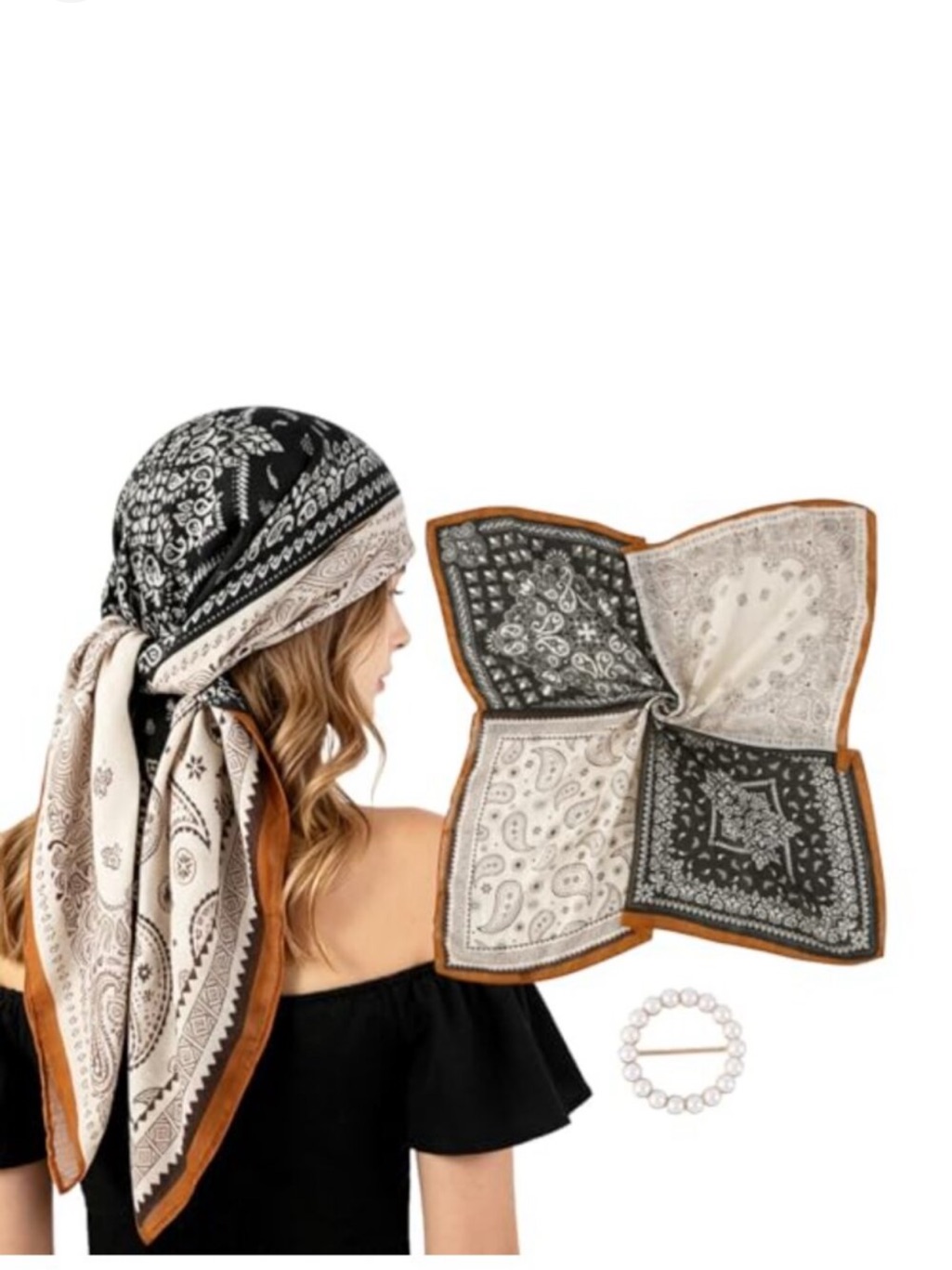 Oversized Bandana Scarf With Pearl Scarf Ring, Large Square Shawl Hair Wrap